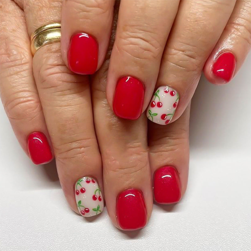 Uñas cortas cuadradas con diseño de cereza fresca y sencillas al por mayor | 365nails