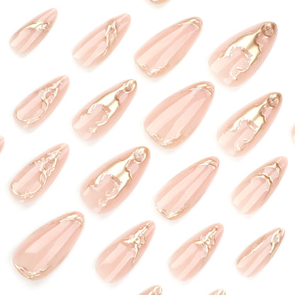 Película de unha falsa 3D simples e nova, polpa dourada, adesivo de unha curta amêndoa vestível｜365nails