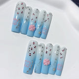 Blue Ombre Floral Crystal Elegant Press On Nails