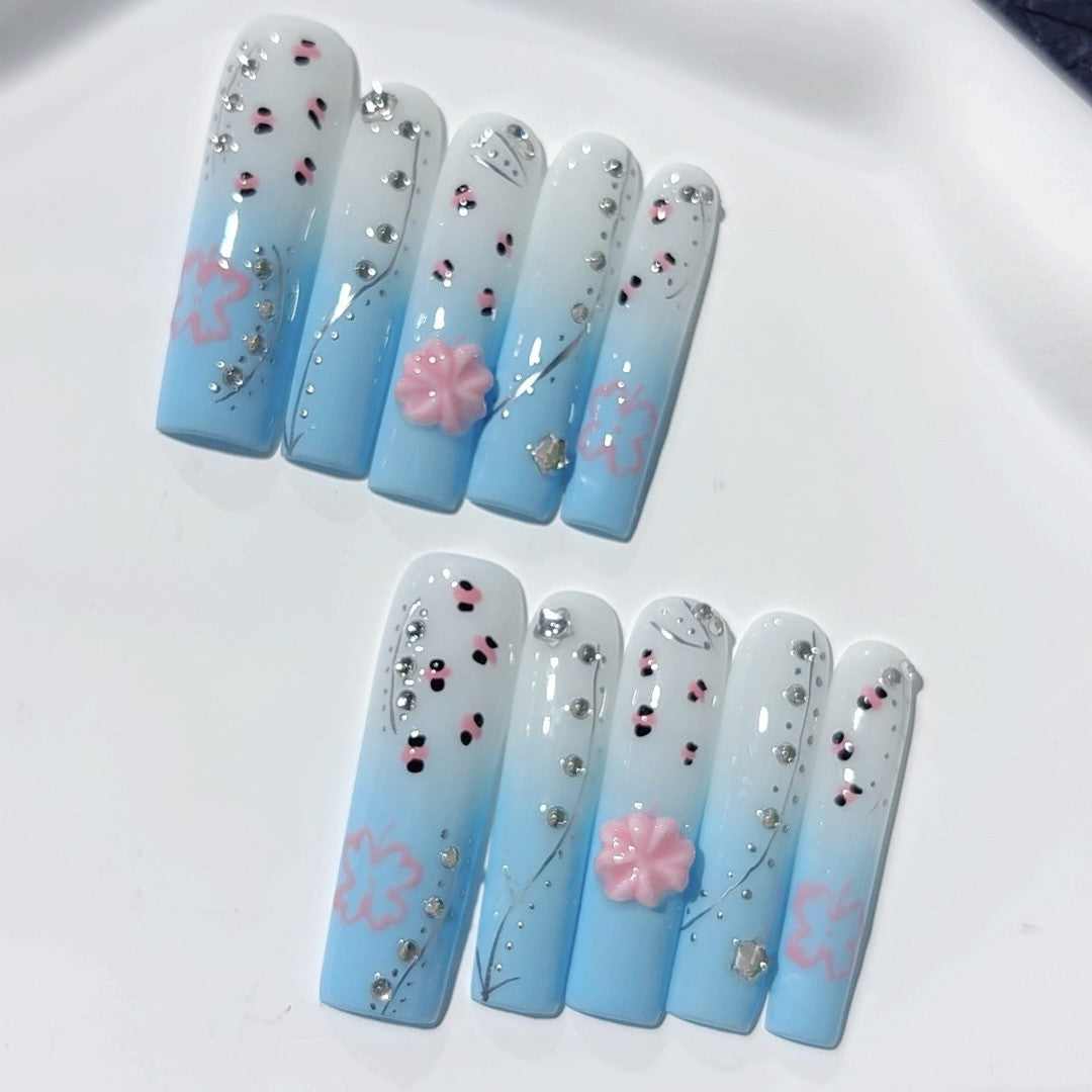 Blue Ombre Floral Crystal Elegant Press On Nails