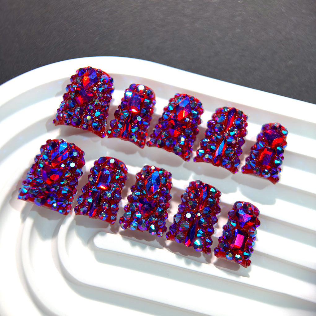 Red AB Crystal Nails with Full Glitter Luxury Finish