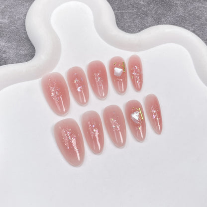 Simple and pure Handmade press on nails spray gun blush almond nail art autumn and winter new shell steel ball  sticker｜365nails