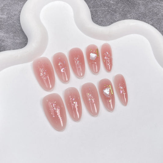 Simple and pure Handmade press on nails spray gun blush almond nail art autumn and winter new shell steel ball  sticker｜365nails