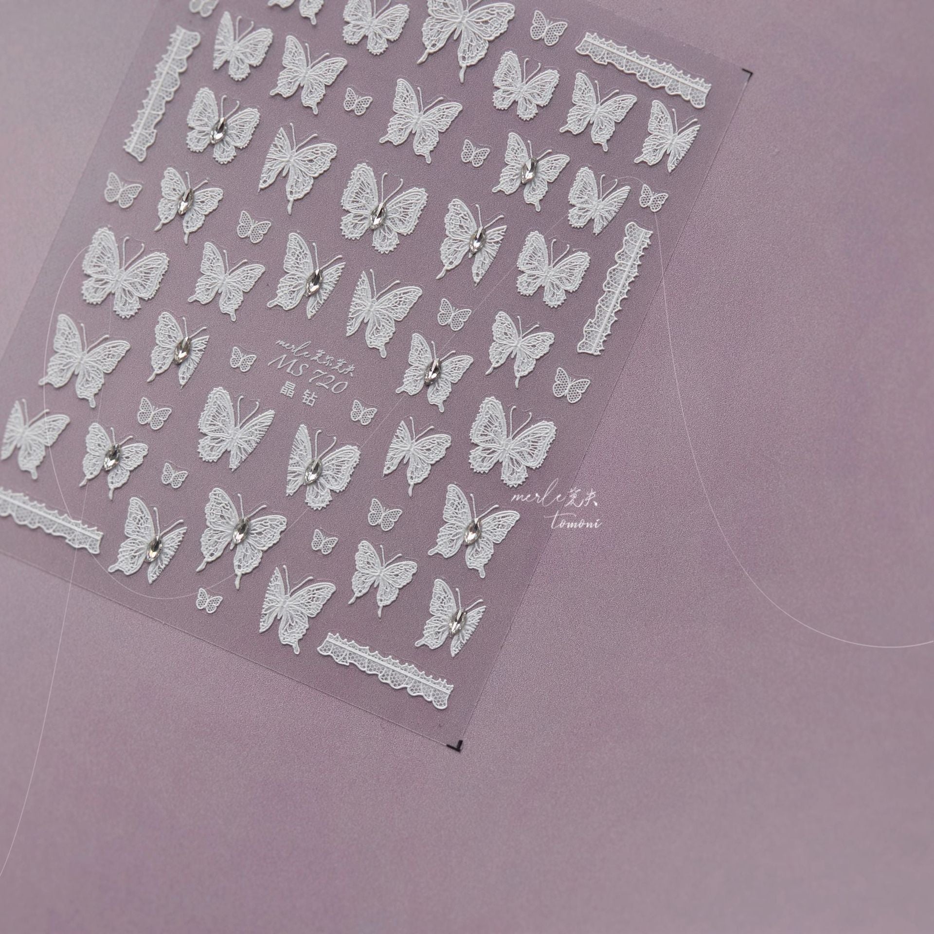 White Lace Butterfly & Crystal Accent Nail Sticker Set – "Ethereal Lace Butterfly"