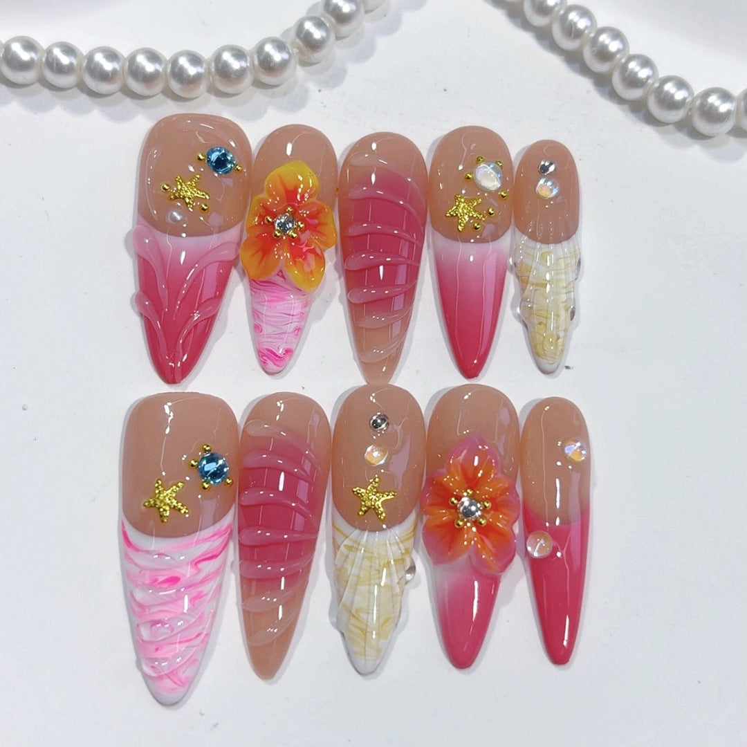 Tropical Starfish: "Pink Floral" – Almond Press-On Nails