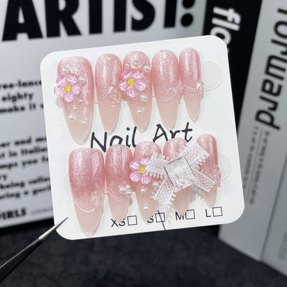 Pure Handmade Press-on Nails sweet cute ice through small flower nail art finished patch gradual change cat eye long fake nail wholesale｜365nails