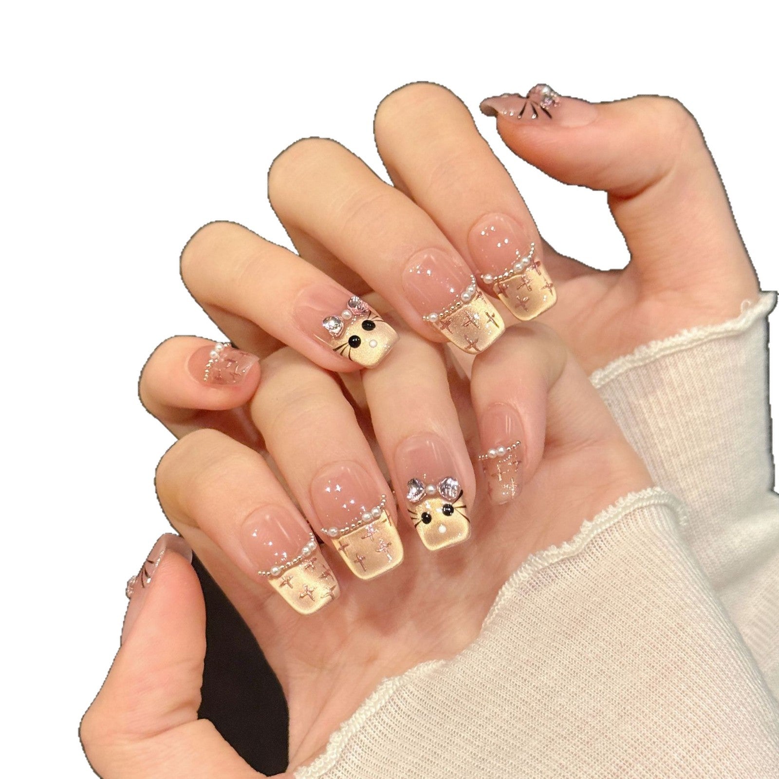 Cute Cat Bow Sparkle Pink Nails