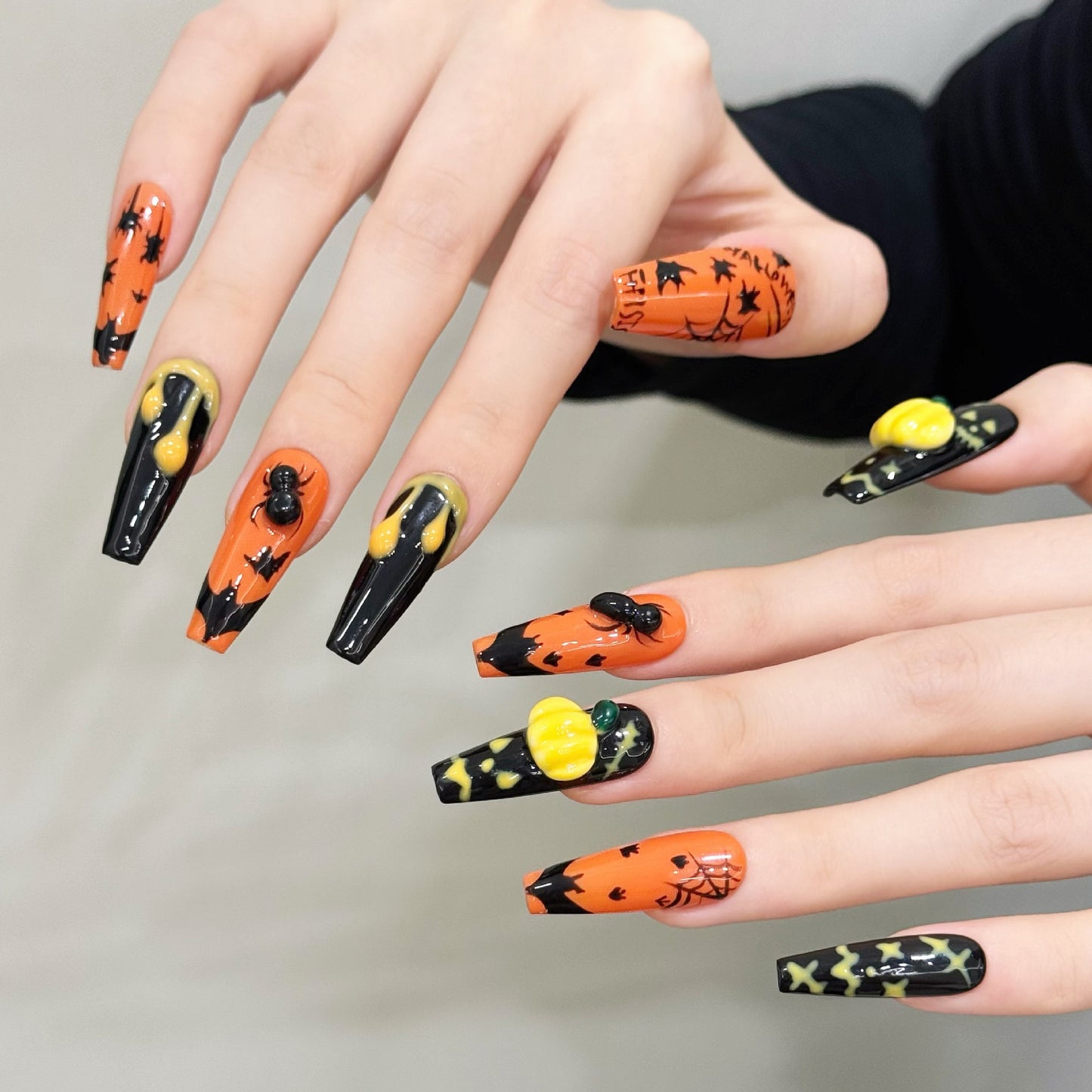 Halloween Pumpkin Spider Black Orange Press On Nails