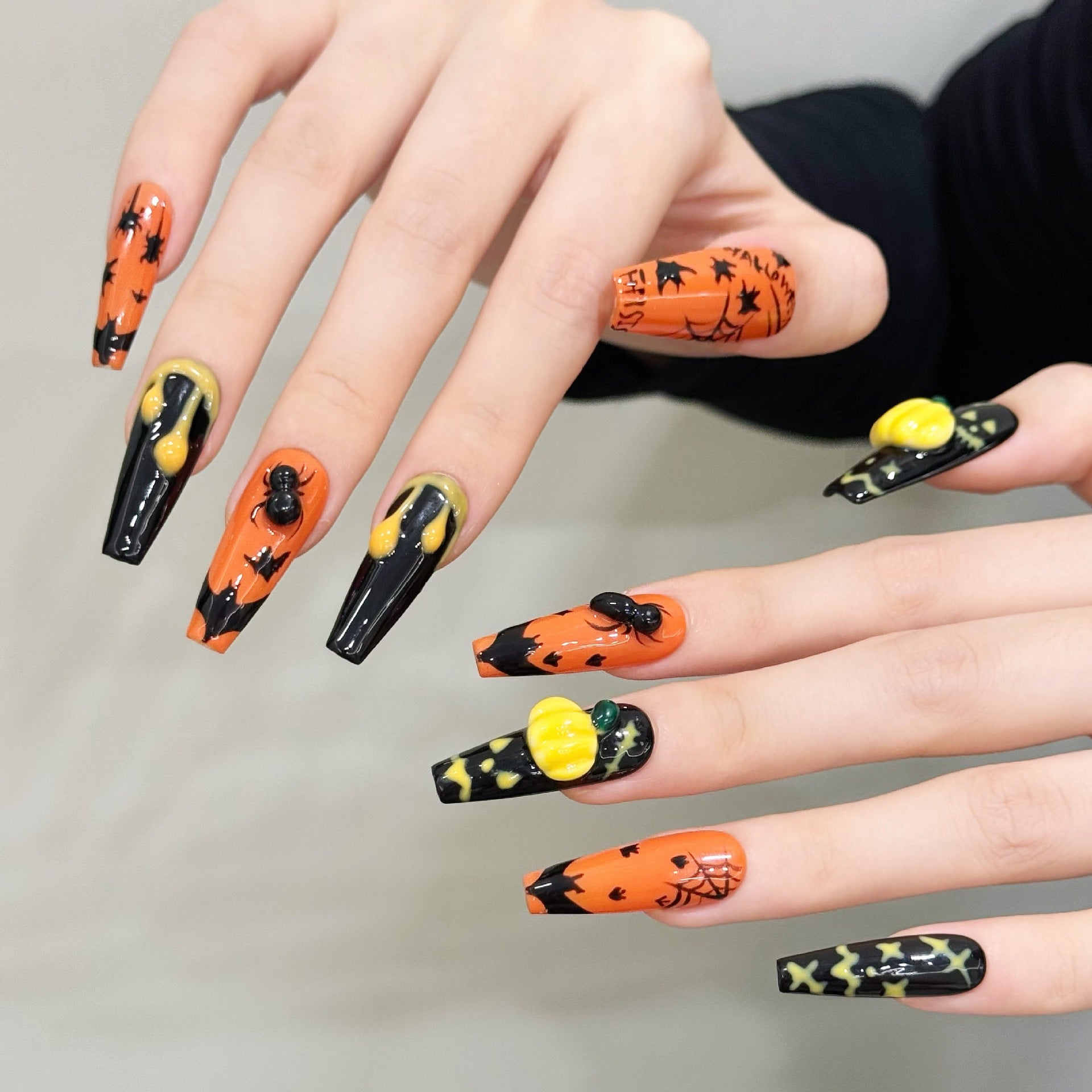 Halloween Pumpkin Spider Black Orange Press On Nails