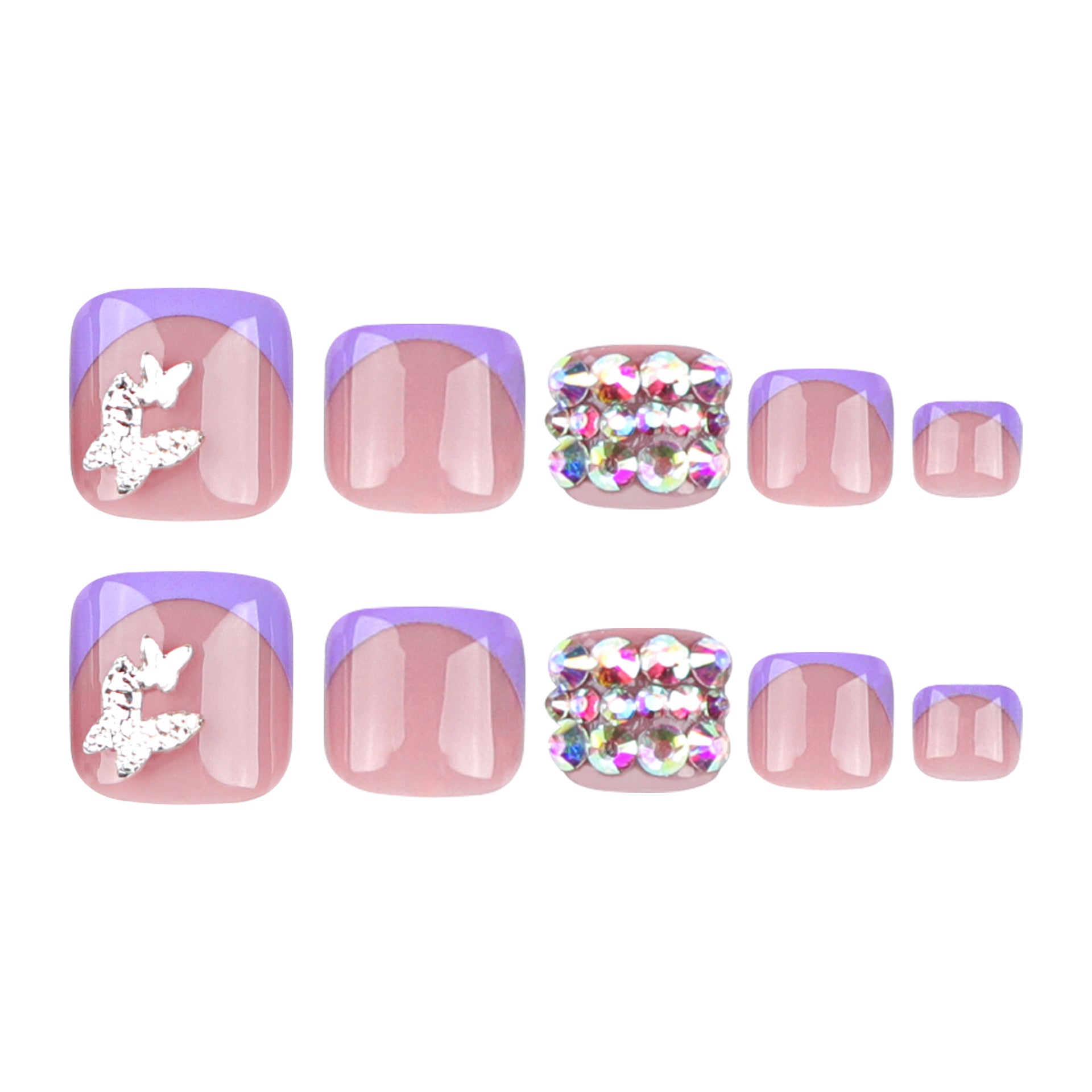 法式紫色足部穿戴甲｜彩色水鑽點綴 蝴蝶趾甲片｜365nails