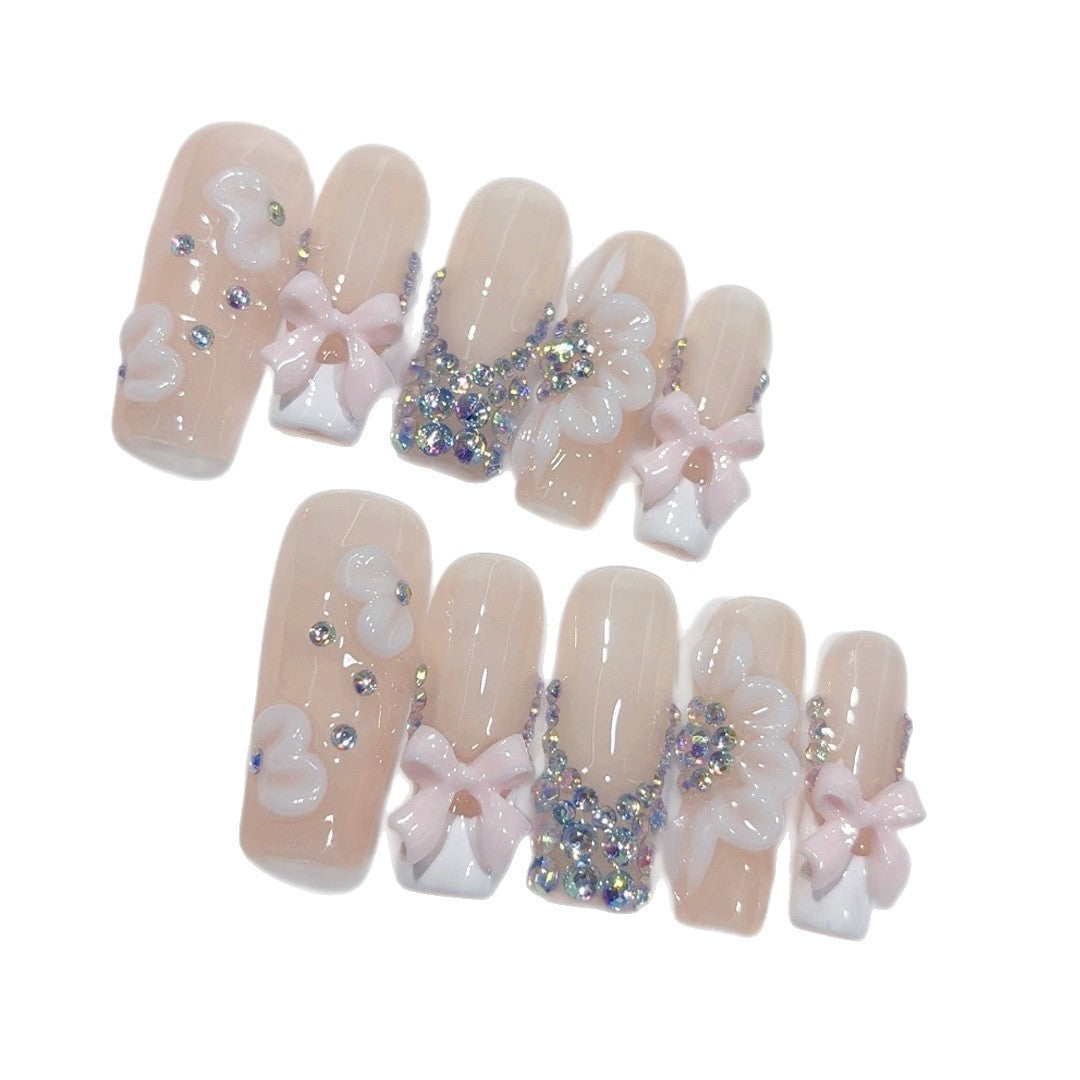 Coquette Bow Dream: "Pink & White" – Square Press-On Nails