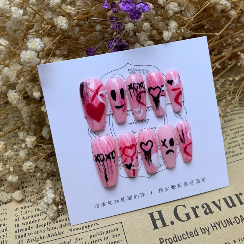 handmade nails dark pink gradient abstract smiley face Song Yuqi same hand-painted nail wear nails | 365nails