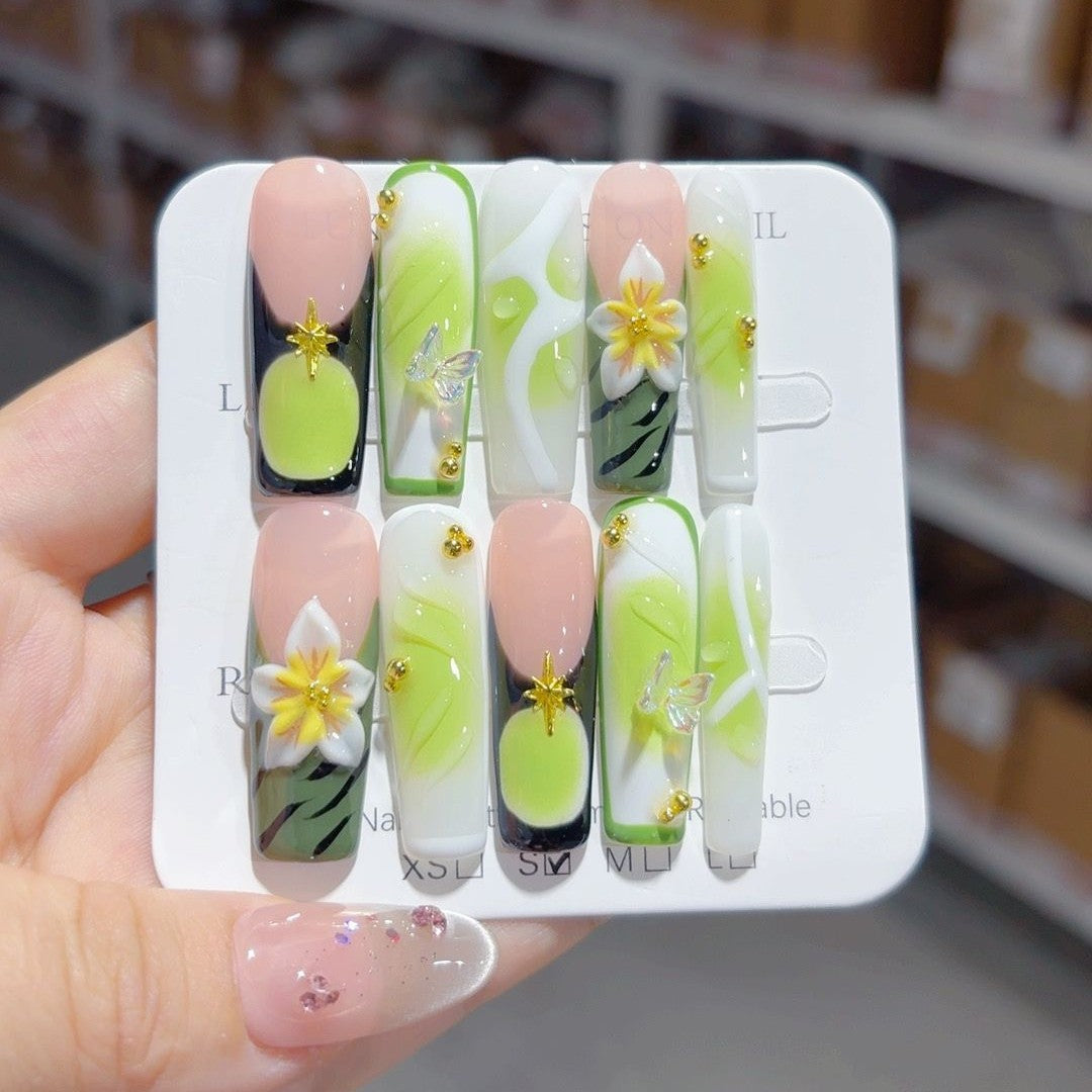 Fresh Green Floral Crystal Art Press On Nail Set