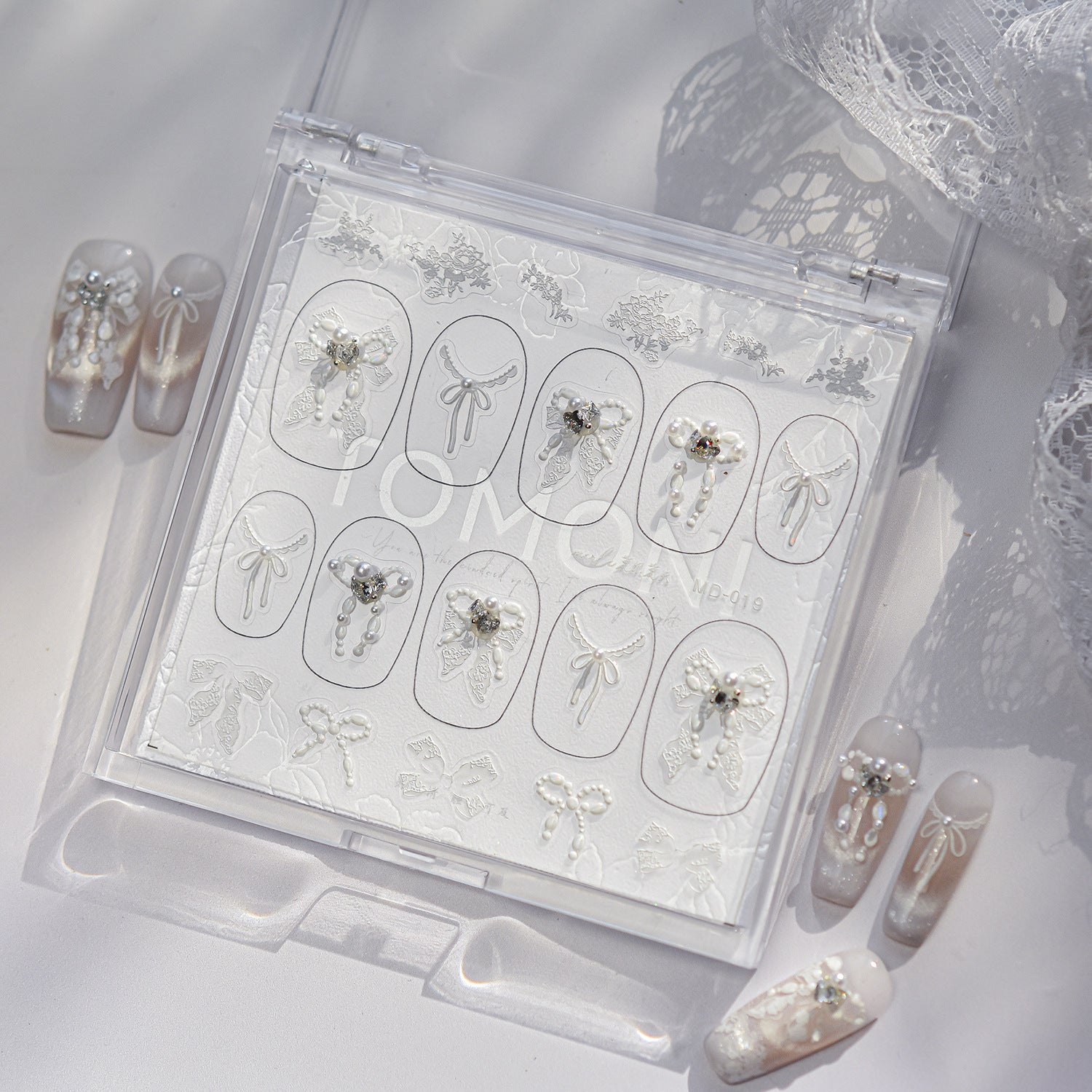 Pearl Bow & Lace Embroidery: "Bridal Crystal Charm" – 5D Embossed Nail Sticker