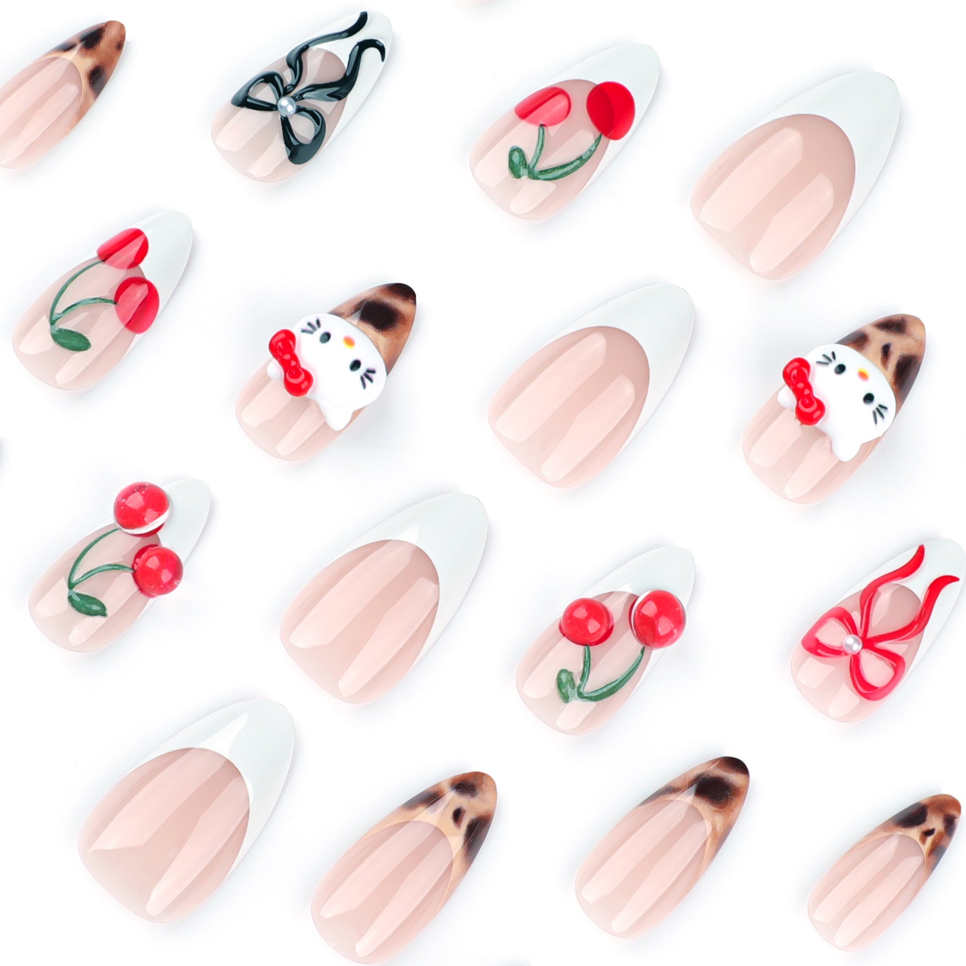 3D立體蝴蝶結可拆式法式可愛櫻桃短款杏仁形穿戴甲｜365nails