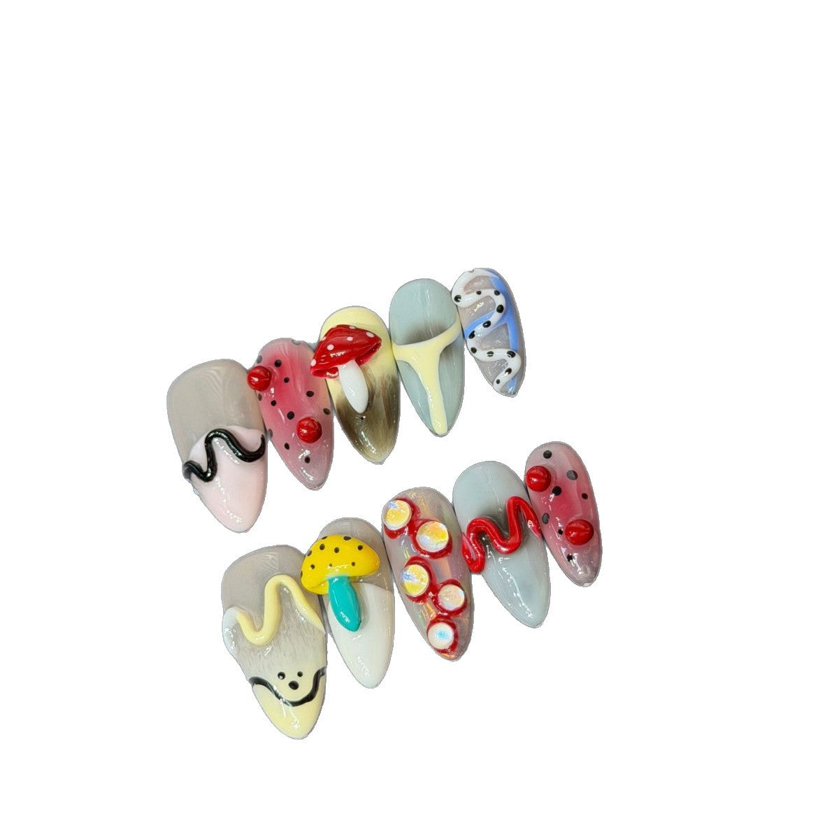 365nails: "달콤 팝" – 3D 카툰 & 도트 수제 미디엄 스틸레토형 네일