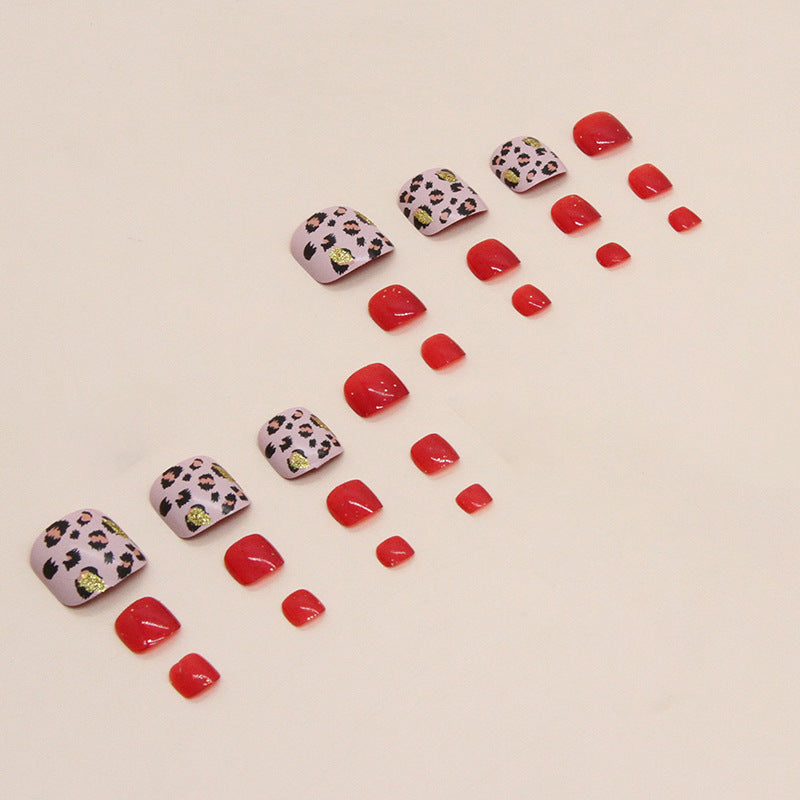 Burgundy sparkling sweet and cool leopard print manicure Press-on toenails model wearing cool and elegant girl fake nails 24 pieces boxed Press-on toenails nail pieces｜365nails