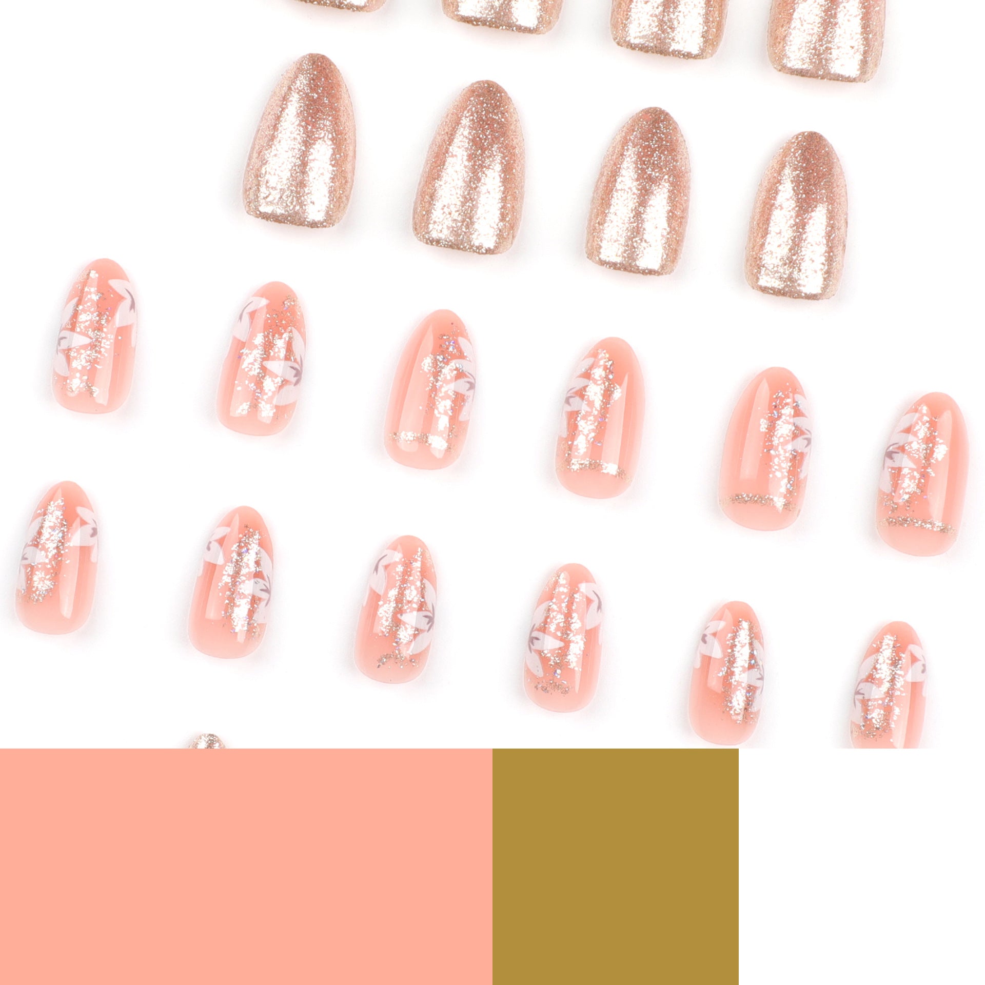 夏日小清新花朵美甲 杏仁形 金色亮粉 穿戴甲 批發｜365nails