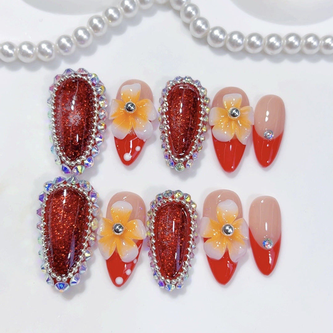 Tropical Bloom: "Plumeria Ruby" – Almond Shape Handmade Press-On Nails