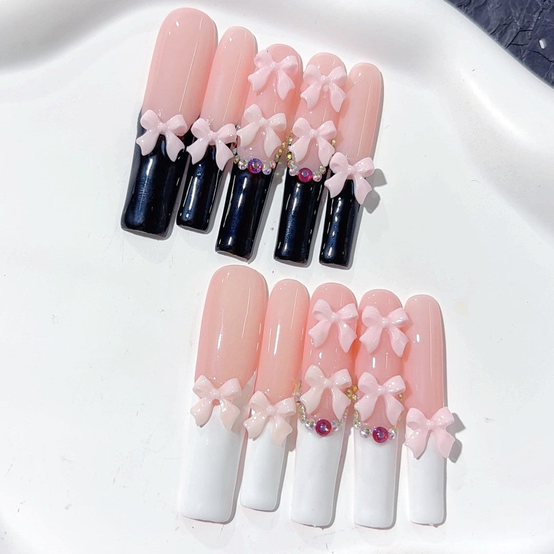 Unhas Postiças Longas e Elegantes com Laço Francês Preto