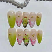 Summer Breeze: "Strawberry Sorbet" – Almond Shape Handmade 3D Carved Press-On Nails