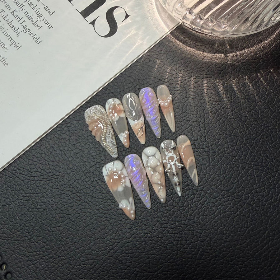 365nails: "Starlight Odyssey" – 3D Crystal & Aurora Handmade Stiletto Nails