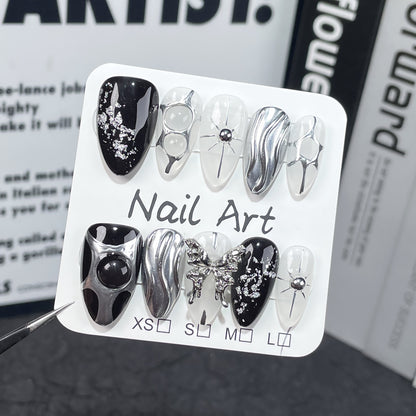 Simple metal hand-painted   almond armor, advanced sense, dark sweet and cool babes Handmade press on nails｜365nails