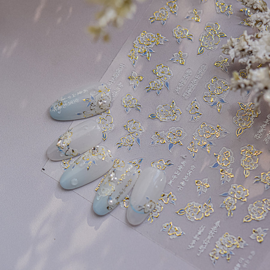 Blue & Gold Camellia Embossed: "Elegant Winter Camellia" – 5D Embossed Nail Sticker
