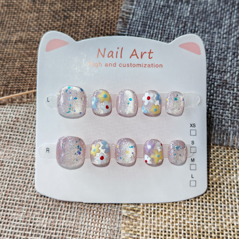 365nails: "sparkling pastel floral" – short wide handmade kids press-on nails
