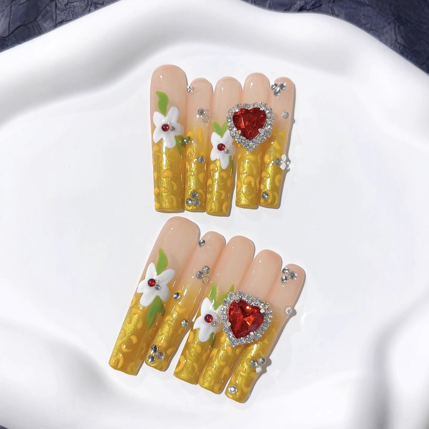 Golden Heart Floral Extra Long Elegant Press On Nails