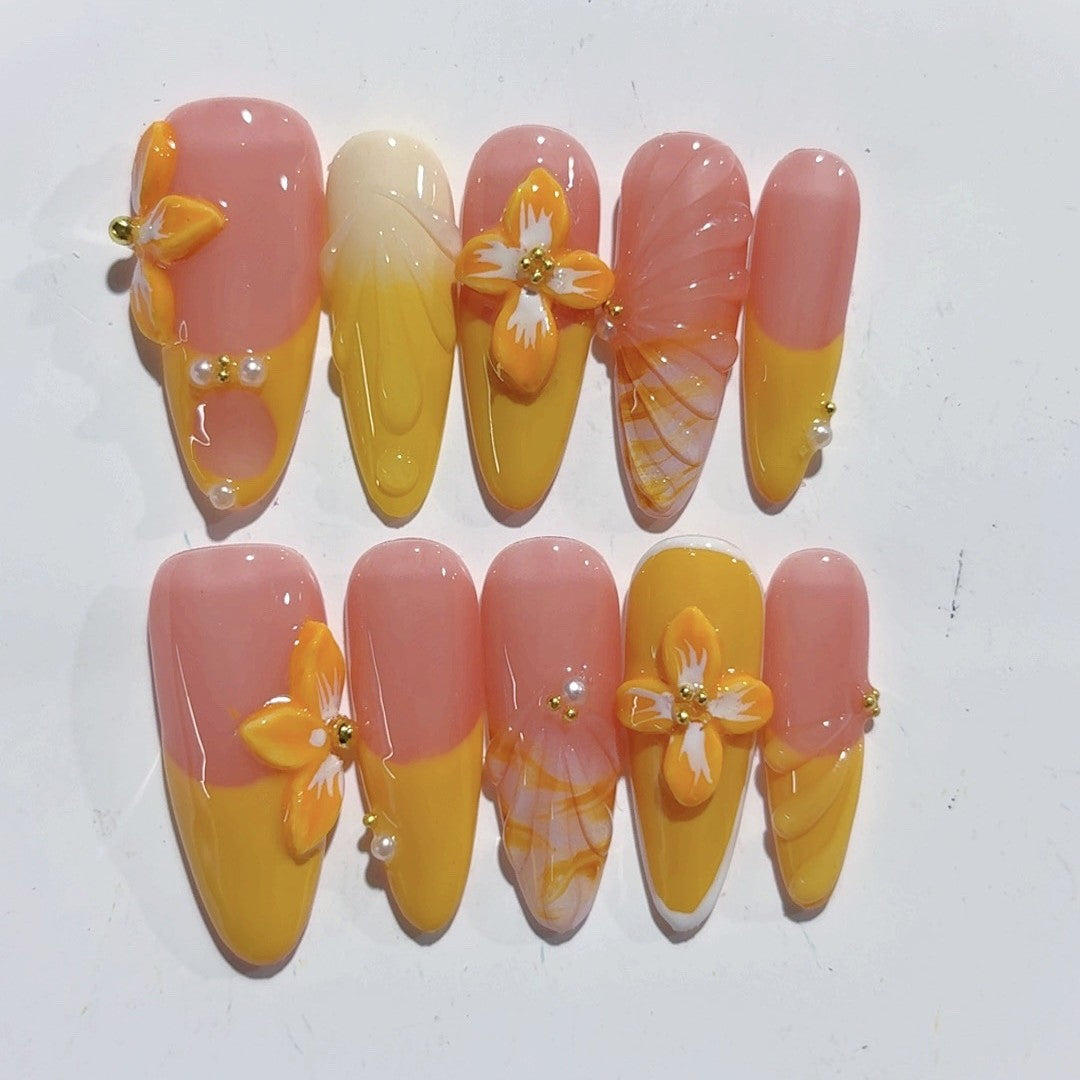 365nails - 陽光綻放：橘色花朵 — 杏仁形 手工製 立體雕刻 穿戴甲