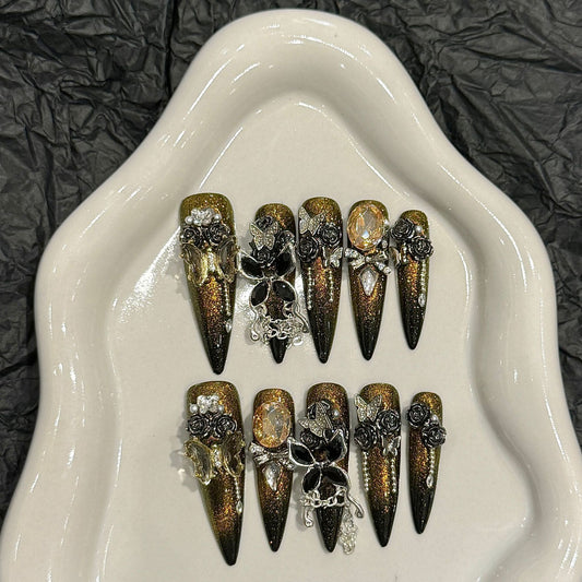 Handmade press on nails Advanced Sense Heavy Industry cat eye Black Gold Gothic Wind Factory | 365nails
