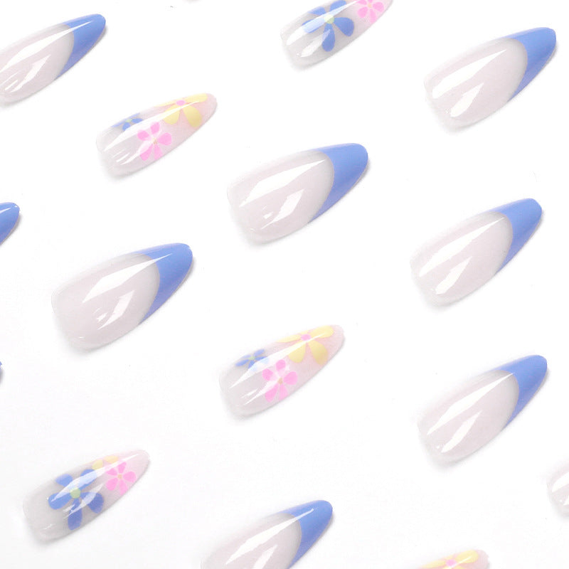 藍邊法式簡約花朵穿戴甲 批發｜365nails