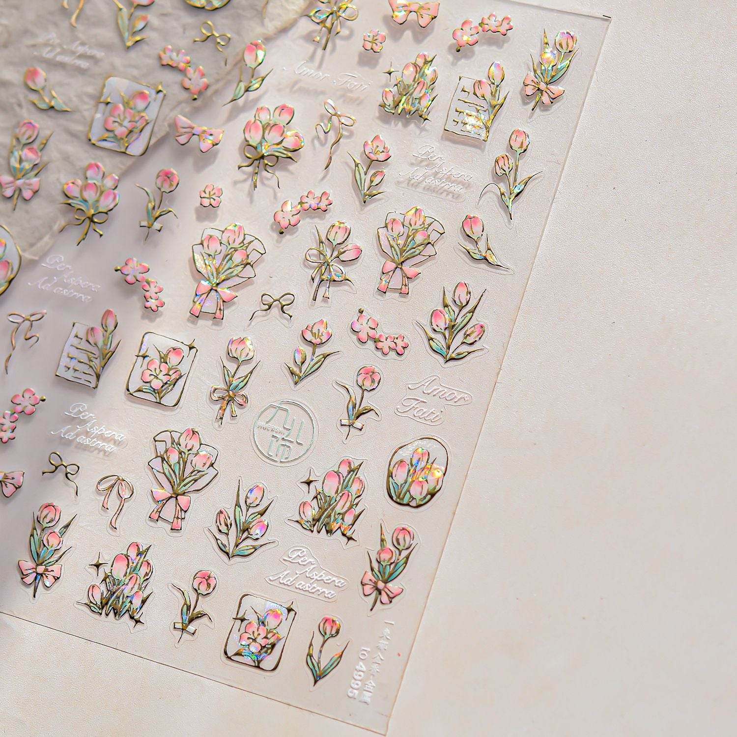 Iridescent Tulip & Amor Script: "Romantic Pink Tulip" – 5D Embossed Nail Sticker