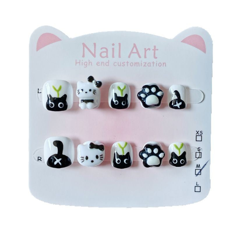365nails: "monochrome mischievous kitty" – short wide handmade kids press-on nails