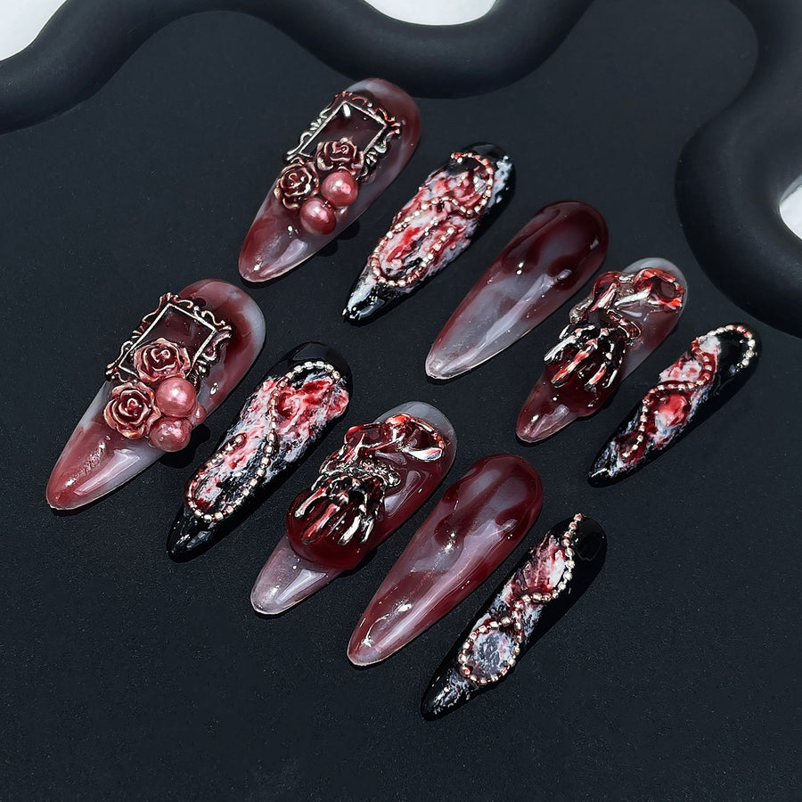 365nails: "Gothic Blood Rose" – Long Almond Handmade Press-On Nails