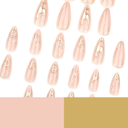 Película de unha falsa 3D simples e nova, polpa dourada, adesivo de unha curta amêndoa vestível｜365nails