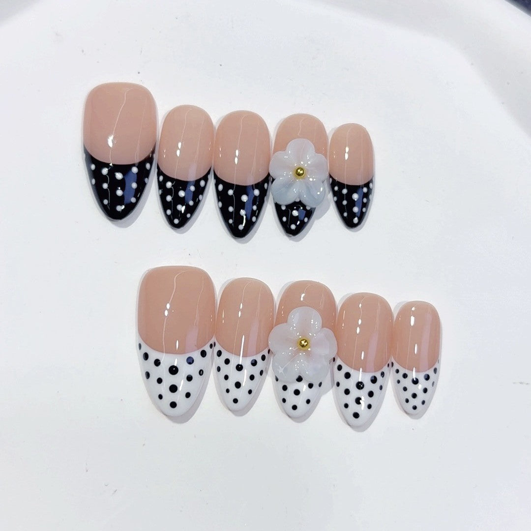 Classic Charm: "Polka Dot Daisy" – Almond Press-On Nails