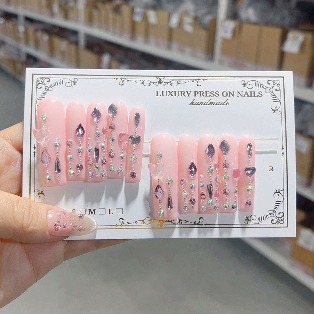 Blush Crystal Drop Glam Press On Nail Set