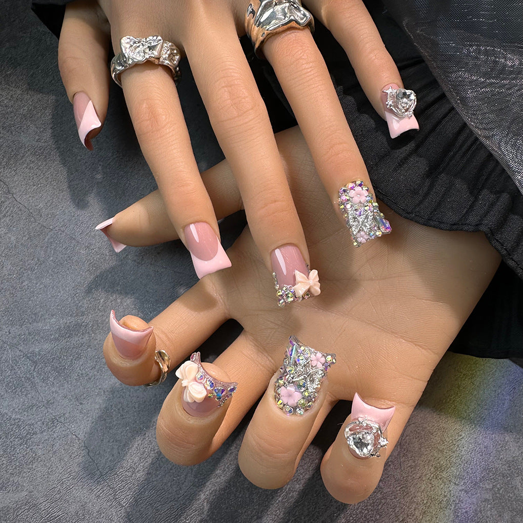 Blush Y2K Crystal Bow Press On Nails