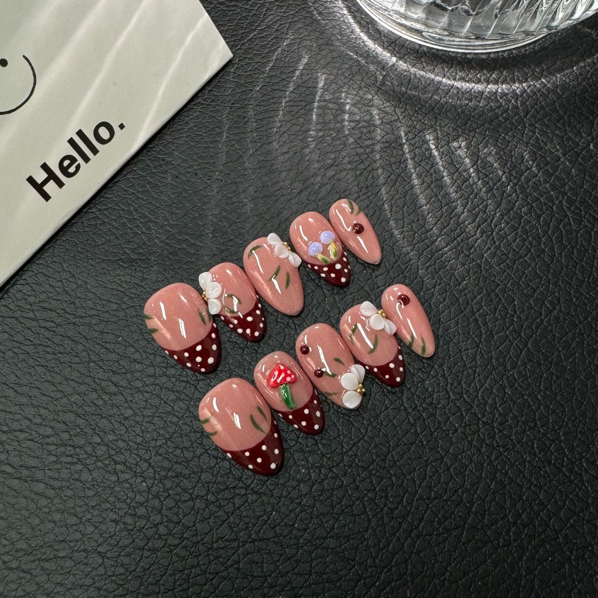 365nails: "Berry Sweet" – 3D Strawberry & Floral Handmade Press on Nails Almond Nails