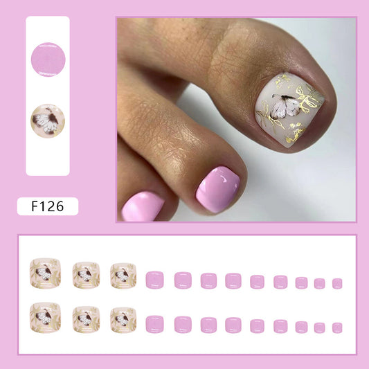 Unhas postiças de borboleta com flor e folha de ouro, cor sólida, rosa, para meninas, unhas postiças, estilo vento, unhas postiças, 365nails