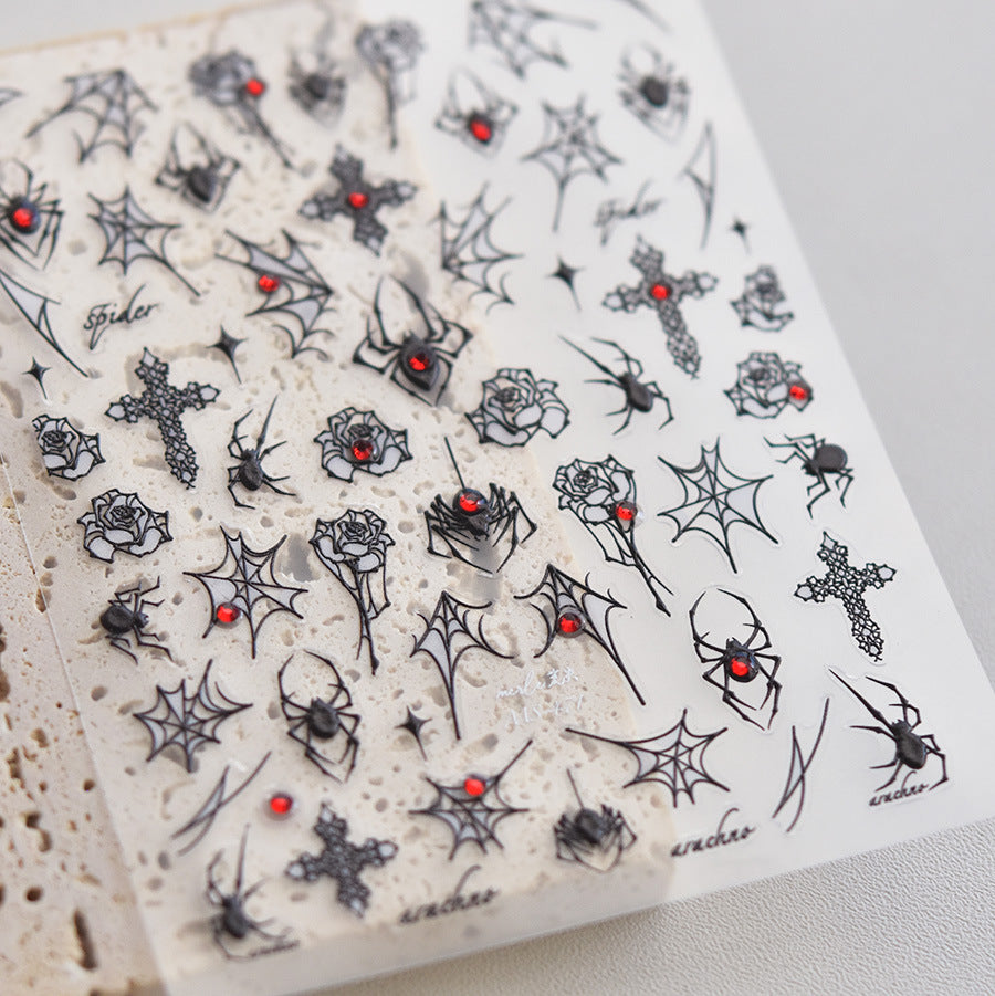 Gothic Spider & Crystal Cross: "Noir Spider Web" – 5D Crystal-Diamond Nail Sticker
