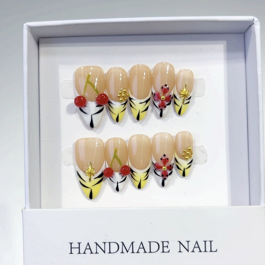Sunny Cherry: "Yellow Stripe Cherry" – Square Shape Handmade Press-On Nails