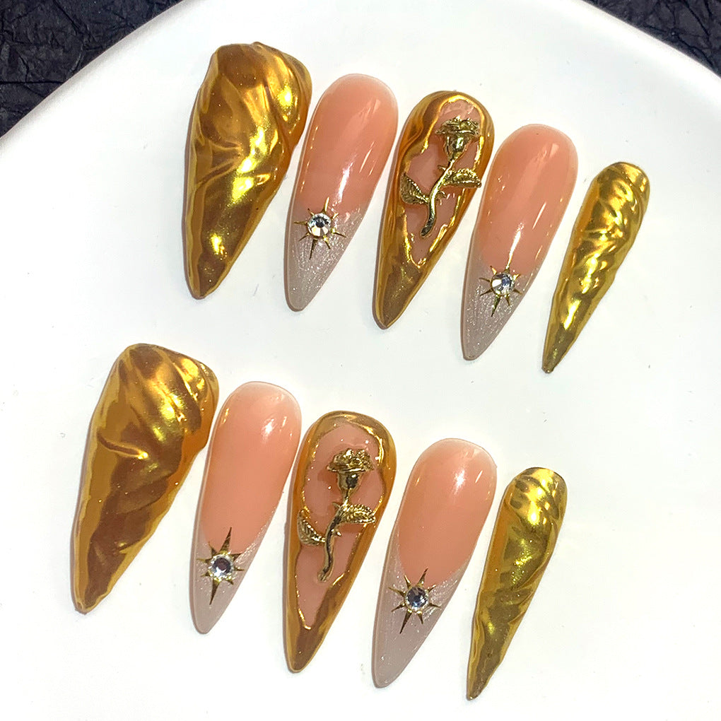 金玫瑰立體雕花奢華尖形穿戴甲
