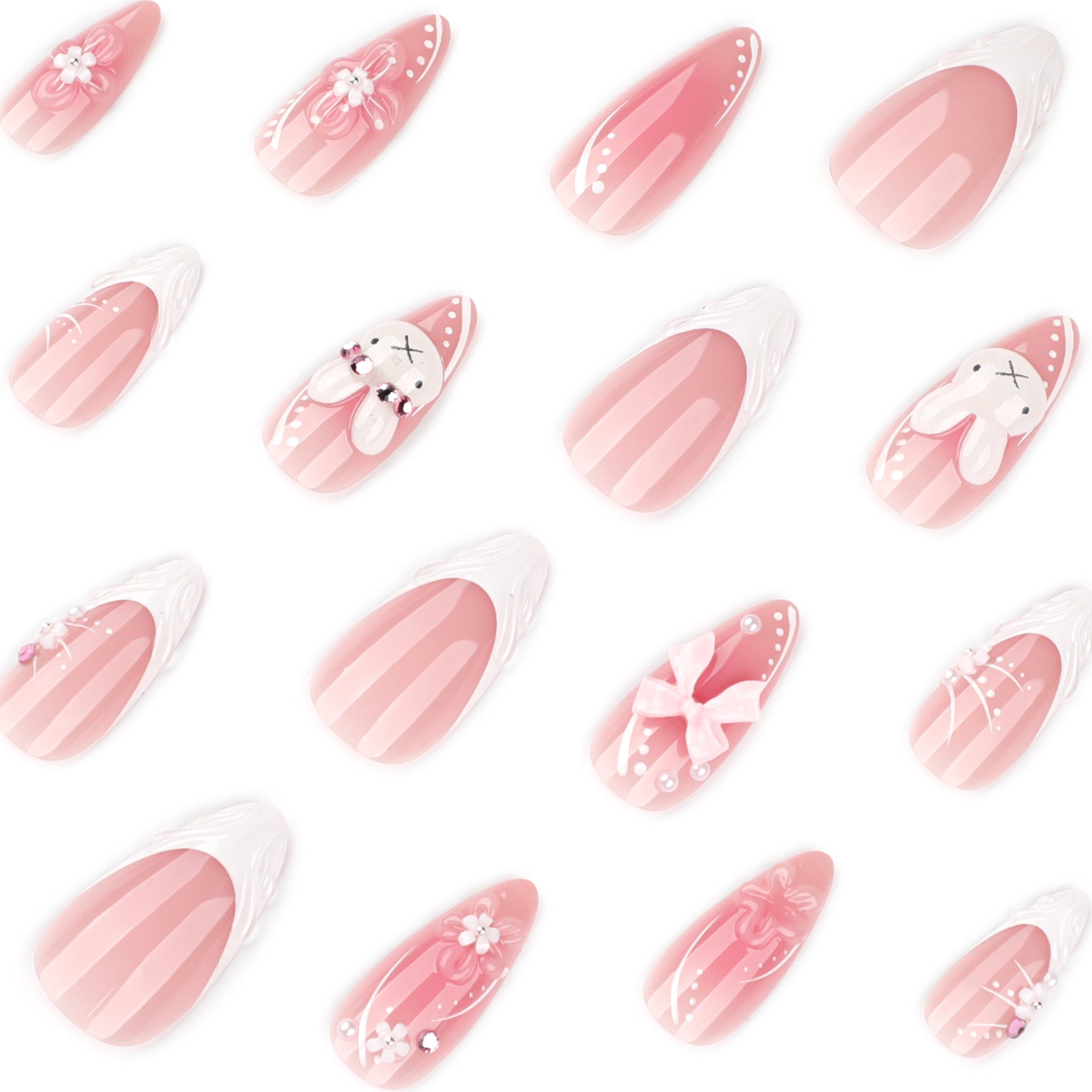 Long Almond Press On Nails with Pink Base & White Bunny & Bow & Floral Accents