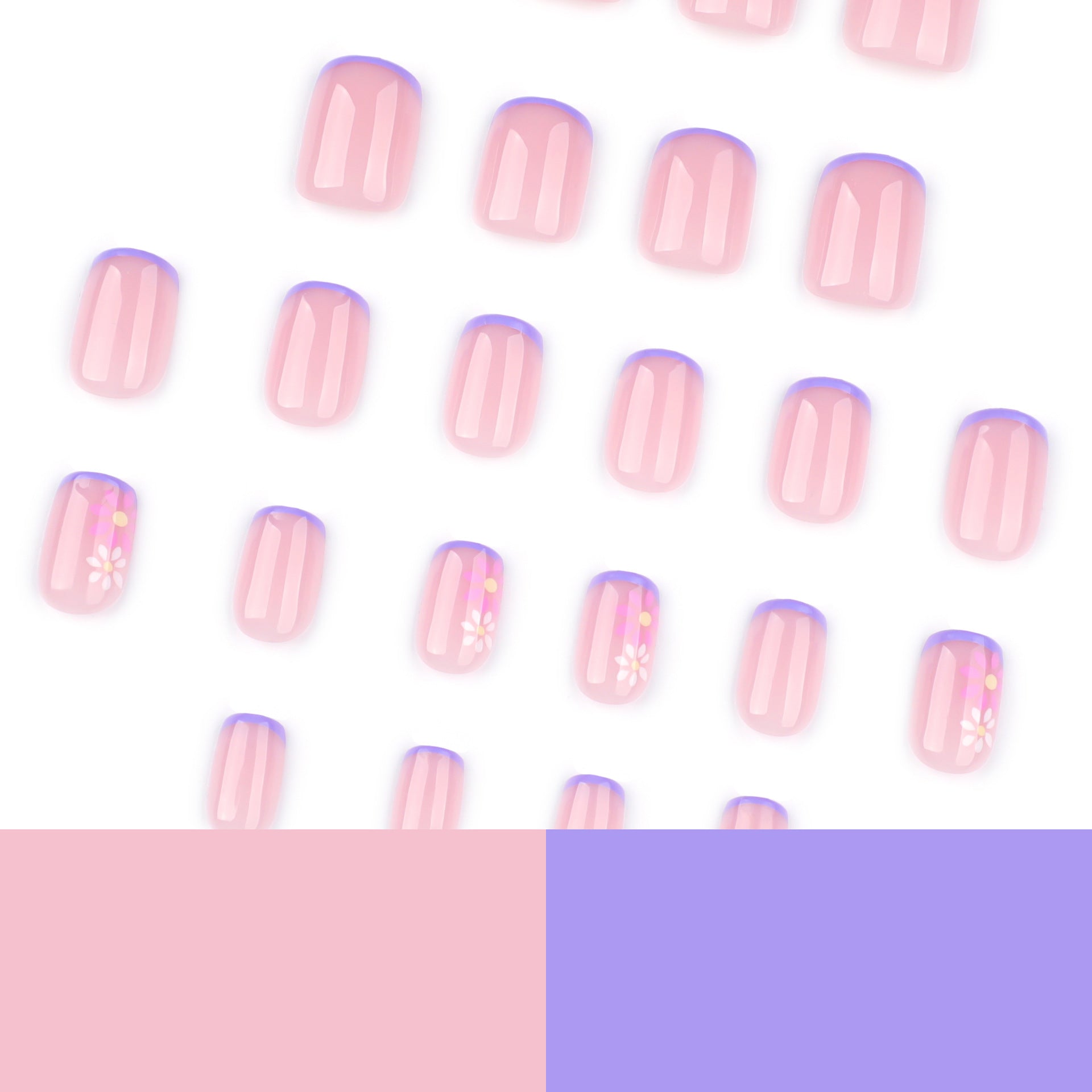 Flores pequenas frescas em vento curto quadrado unha manicure pedaço francês roxo ｜365nails