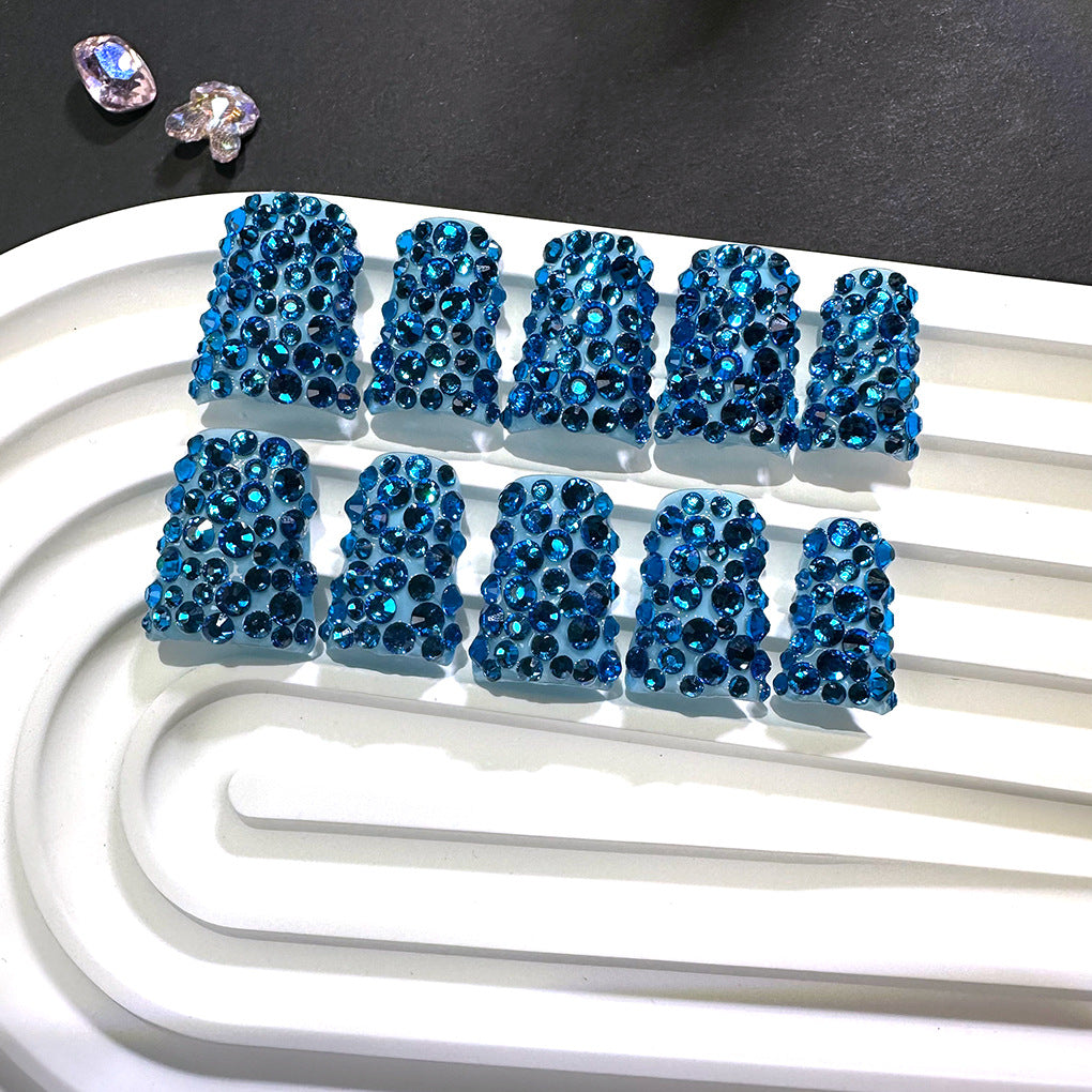 Deep Blue Crystal Nails with Full Sparkle Finish