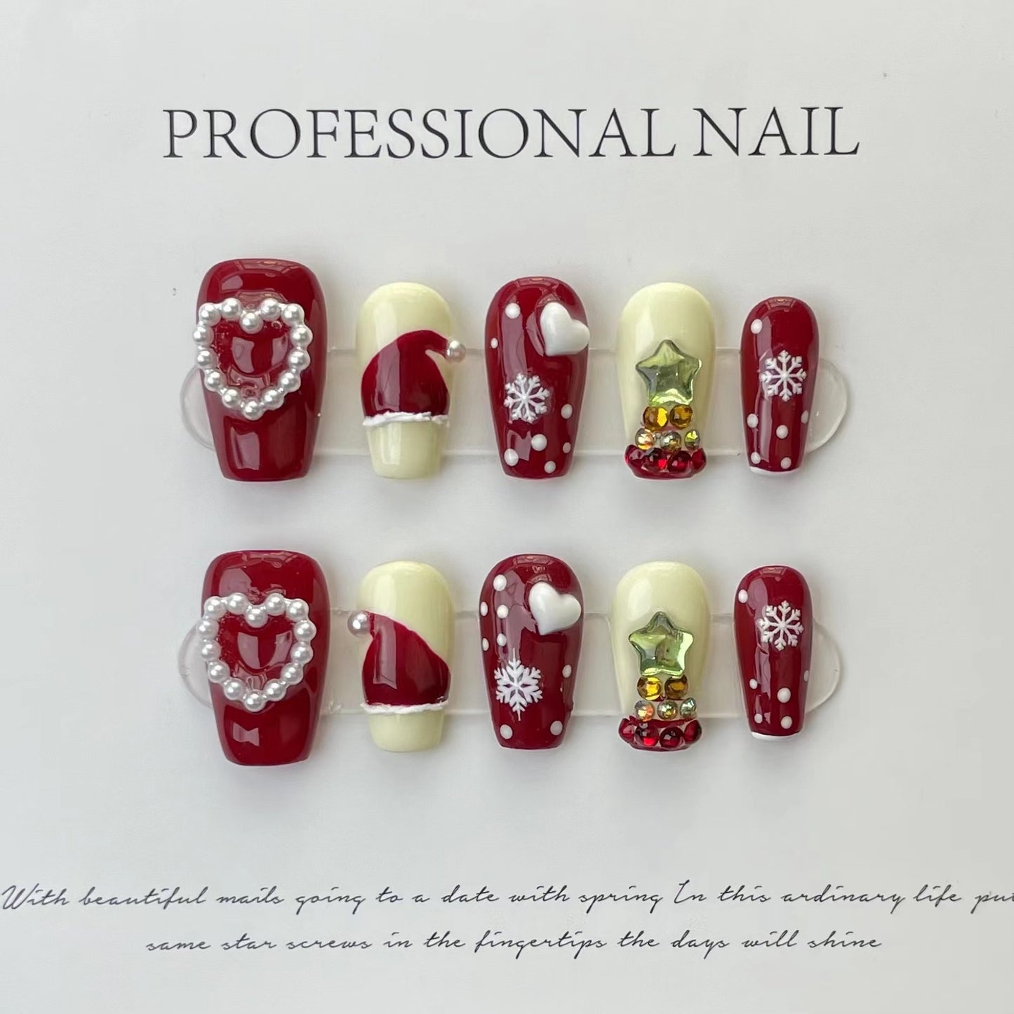 Red and Cream Christmas Press‑On Nails – Santa Hat & Star Design