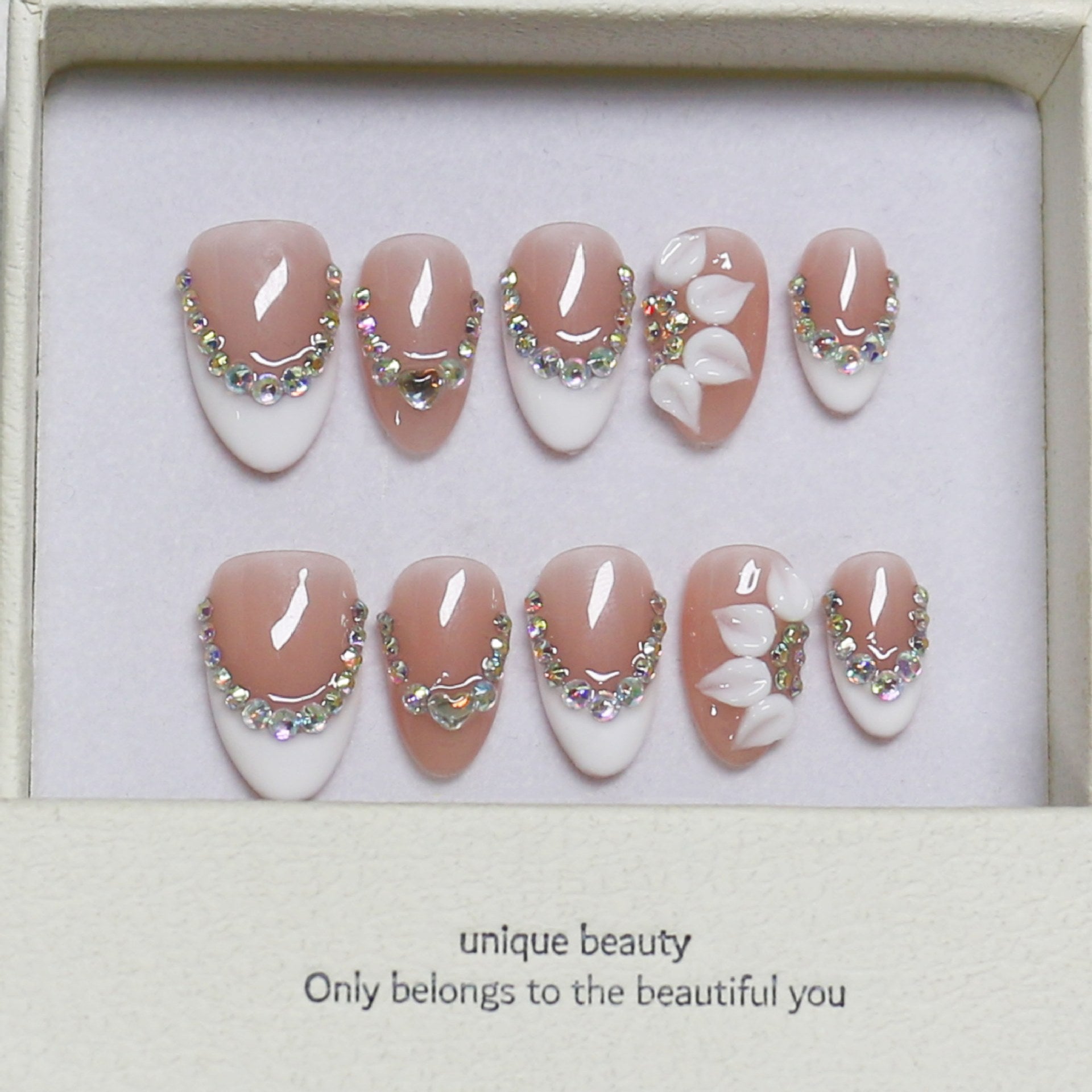 365nails: "Elegant Orchid Bloom" – Medium Almond Nude French Rhinestone Handmade Press-On Nails